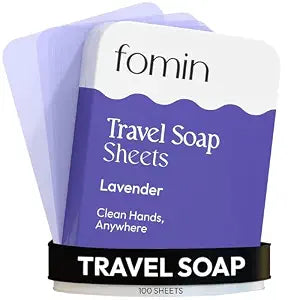 FOMIN - Paper Soap Sheets for Traveling - 100 Lavender Portable Camping Soap Sheets for Travel in Tin - Dissolvable Mini Portable Travel Soap Sheet for Hand Washing