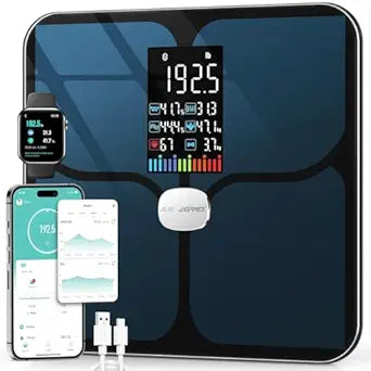ABLEGRID Rechargeable Digital Bathroom Scale for Body Weight, Smart Scale Tracks 22 Metrics Including Body Fat, BMI, Muscle Mass, Heart Rate, Baby Mode, Large Color Display, 400 lbs