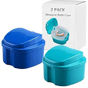THINKPRICE Denture Bath Box Cup, Complete Clean Care for Dentures, Clear Braces, Mouth Guard, Night Guard & Retainers, Traveling (Navy Blue & Blue)