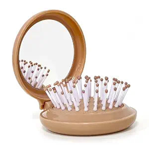 Mini Hair Brush with Compact Mirror, Travel Hair Brush, Brown Vintage Style, 1-Pack