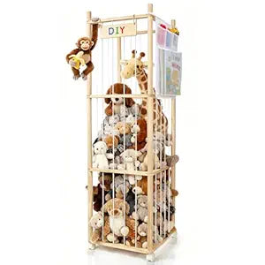 Stuffed Animal Storage Organizer, Wooden Zoo Stuffed Animal Holder with Wheels, Large Capacity Organizer with Storage Bag, Toy Organizer with Elastic Cords for Playroom, Bedroom, Nursery