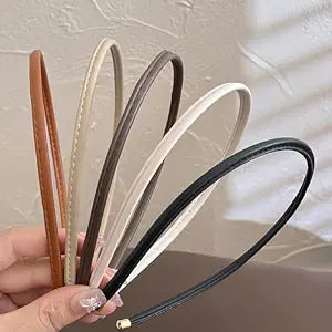 Thin Headband Skinny Leather Headbands for Women, Trendy Comfortable No Headache Headband Non-Slip Hair Accessories for Women Girls 5Pcs (Beige/Brown/Black/White/Tan)