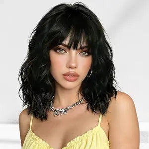Black Wig with Bangs for Women 16 Inch Wavy Soft Lightweight Wigs