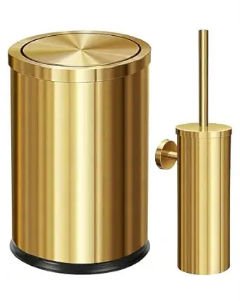 2.6Gallon Brushed Gold Bathroom Trash Can with Wall Mounted Toilet Brush Set/Stainless Steel Gold Garbage can with Swing lid Trash bin Wastebasket for Bedroom,Office,Kitchen,Powder Room