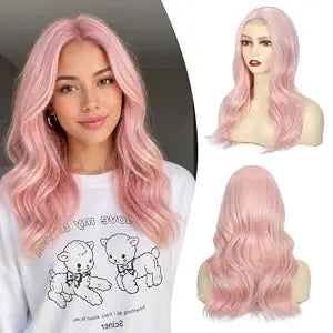 Pink Wigs for Women 18Inch Middle Part Layered Wavy Synthetic Wig