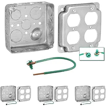 (4 Pack) Electrical Box Cover  4" Square  Galvanized Steel, 1/2" Raised, Exposed Work  for Double Duplex Receptacle and Outlet Applications  Fits 4-Inch Junction Boxes