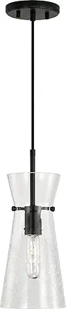 Capital Lighting 342411MB Mila Modern Clear Half-Crackle Glass Pendant Light Fixture, 1-Light 100 Watt, 15" H x 6" W, Matte Black