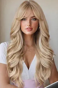 WIGER Long Wavy Hair With Bangs Flaxen Mix Blonde Curly Wigs