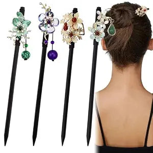 Arvintas 4 PACK Japanese Chinese Wooden Hair Stick, Hairpin with 4 Different Flower Styles, Retro Wooden Hair Accessories for Women Girls