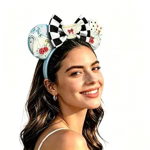 Princess Mouse Ears Headband for Women Checkered Bows Sequin Ears