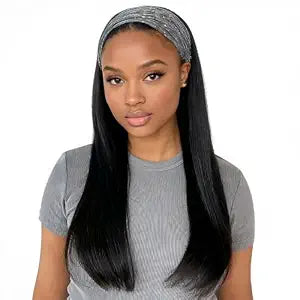 18" Long Straight Headband Wig Synthetic Black Glueless Wigs with Head Band