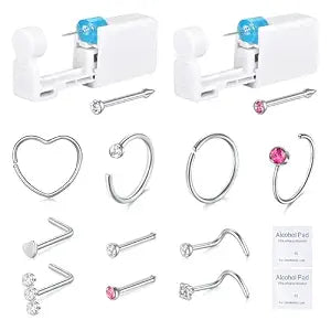 DJCIW 14PCS Nose Piercing Kit,Disposable Safe Sterile Piercing Kit For Self At Home Nose Piercing Gun, Nose Piercing Kit with Silver Nose Rings and Stud Tool with Extra 10pcs Nose Rings