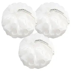 MainBasics Shower Loofah Sponge Pouf, Set of 3, Snow White