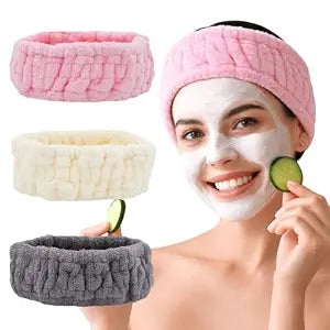 Microfiber Spa Headband 3-Pack, Soft Terry Cloth Headband for Washing Face, Facial Mask, Makeup, Shower, Yoga, Gift for Women and Teens (Gray+Milk White+Pink)