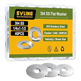 40PCS 1/4" x1-1/2 Fender Washers, 304 Stainless Steel 18-8, 1/4" ID x 1-1/2" OD Hardware Flat Washers for Screws Bolts