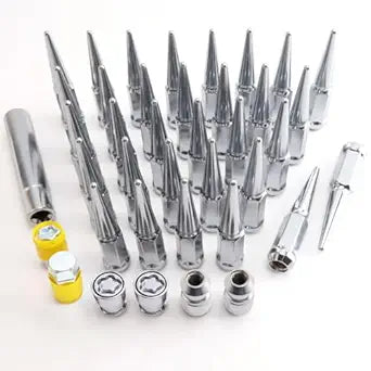 M14 x 1.5mm Wheel Locks, Fit for Ram 1500, Ram 2500, Ram 3500, F-150, F-250, F-350, Expedition, Wheel Locks Set, 4 Locking Lug Nuts 2 Pcs Key with 32Pcs Spike Lug Nuts+1 Key, Chrome