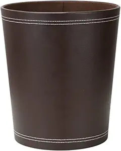 KINGFOM Classic Pu Leather Trash Can Wastebasket, Garbage Container Can for Bathrooms, Powder Rooms, Kitchens, Home, Office and and High Class Hotel Round Brown