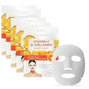 Skin 2.0 Vitamin C & Collagen Sheet Mask - Anti-Aging, Wrinkle & Age Spot Reducer, Hydrating & Moisturizing - Dermatologist Tested Korean Skincare, Clean Beauty, Cruelty-Free, All Skin Types - 5 Masks