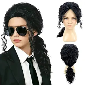 PATTNIUM Black Long Wavy Ponytails Wig for Kids Boys Wig