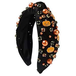 yfstyle Halloween Headband for Women Halloween Pumpkin Ghost Hair Accessories Gothic Pearl Rhinestone Knotted Headbands for Cosplay Party Gifts Pumpkin Charm