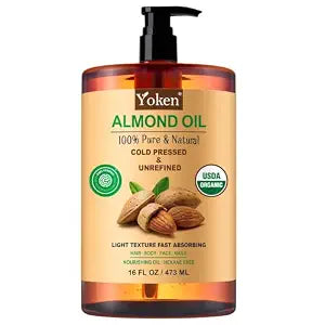 Yoken Organic Almond Oil 16 oz, Cold Pressed Carrier Oil for Skin & Hair