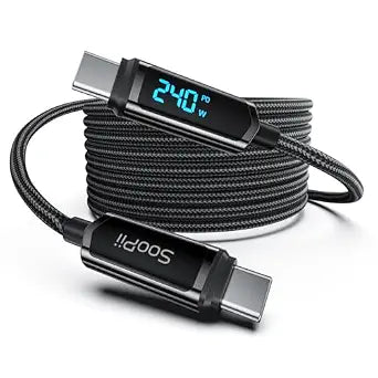 SOOPII 240W USB C to USB C Cable with LED Display,Nylon Braided,Black[10ft]