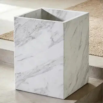 White Marble Wastebasket, Natural Rectangular Trash Can, Luxury Durable Real Stone Storage Basket, Elegant Garbage Container for Bathroom, Home Office, Living Room