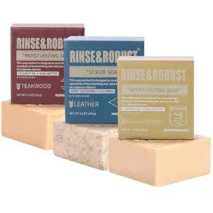 Rinse & Robust Mens Bar Soap Bath Bar Soap 3Pack Handmade Natural Soap Bar Set Cleansing Bar Moisturizing&Exfoliating Scrub Soap Gift Set for Men | Leather, Sandalwood, Teakwood | 3.5 oz of 3 Bars