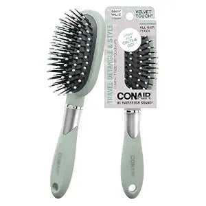 Conair Velvet Touch oval cushion hair brush - Travel Hairbrush- Detangling - ideal for curly or straight styles - detangler brushes - women or men - Sage Green