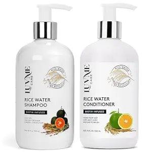 Luv Me Care Rice Water Hair Thickening Shampoo and Conditioner Set - with Biotin Strengthening and Volumizing Formula for Thinning Hair, All Hair Types, Men and Women