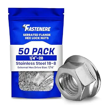Fastenere Serrated Flange Nuts  1/4"-28 (50-Pack), Durable Stainless Steel 18-8 Hex Lock Hardware Nuts, Corrosion-Resistant, Fine Plain Finish for Home, Automotive & Industrial Use