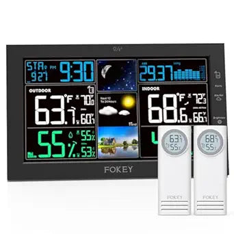 Weather Station Wireless Indoor Outdoor, Indoor Outdoor Thermometer Wireless, Home Atomic Clock Weather Stations, Temperature Humidity Barometer Inside Outside Thermometers, Black with 2 Sensors