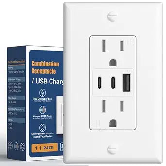 Amico 6.0A USB Outlet, 1 Pack, 15 Amp, 3-Port, 2 Type C & 1 Type A, White
