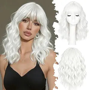 White Wig with Bangs -Short Wavy Wigs for Women Synthetic Funny Women Wigs wavy for Cosplay Color Wigs for Party Halloween Daily Anime Costume
