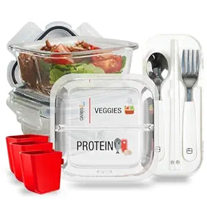 Portion Control Containers for Bariatric Meals  8 oz Glass Meal Prep Containers with Two 4 oz Compartments and Lids (3 Pack), Reusable Bento Lunch Boxes