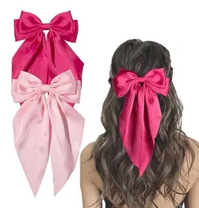 Furling Pompoms Hair Bows Clip, Hot Pink Bow for Women's Hair - 2 Pack, Elegant Satin Bow Hair Accessories for Birthday, Wedding, Holidays