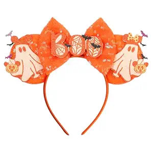 bianbaistar Orange Sequin Mouse Ear Headband with Ghost & Pumpkin Motifs - Spooky - Cute Halloween Accessory for Women & Party Enthusiasts