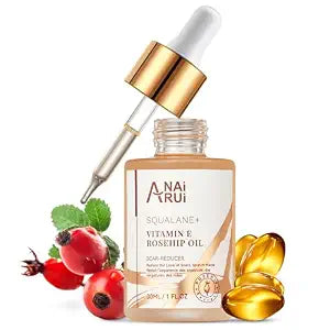 ANAI RUI Squalane + Vitamin E Rosehip Oil Moisturizer for Face,Hair,Skin& Nail Hydrate, Reduce Scars and Stretch Marks, Wrinkles for Smoother, Softer Skin 1 fl. Oz