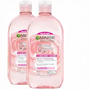Garnier Micellar Water with Rose Water and Glycerin,Hydrating Facial Cleanser & Makeup Remover,For All Skin Types,Vegan,Cruelty Free,23.7 Fl Oz (700mL),(Pack of 2)