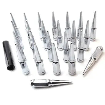 24PCS M14 x 1.5 Chrome Cone/Conical Bulge Seat Wheel Spike Lug Nuts with 1 Socket Key Compatible with Ram 1500 2012-2022, F-150 2015-2017, F-250 F-350 2003-2016, Chevy Silverado Sierra 1999-2019
