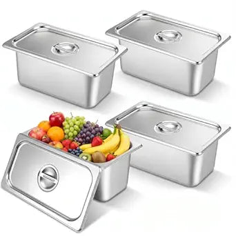 4 Pack Stainless Steel Hotel Pans with Lid, 1/3 Size x 6 Inch Deep Steam Table Pan, Commercial Food Storage Containers, Stackable Metal Steamer Pan for Home, Party, Restaurant, Hotel, Buffet