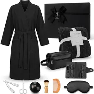 Cuffbow 11 Pcs Birthday Gifts for Men Father Gifts Get Well Care Package with Waffle Robe, Blanket, Beard Grooming Kit, Toiletry Bag Gift for Dad Husband Boyfriend(Black)
