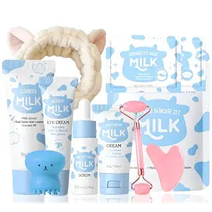 10 In 1 Gentle Milk Skincare For Girls 10-12 - Skin Care For Kids 10-12 - Birthday Gifts For Teenage Girls - Face Care Kit - Kids Skin Care Set For Girl Ages 8-12 - Gift Set With Guasha