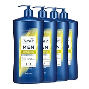 suave+ Men Citrus Rush 3 in 1 Shampoo, Conditioner, Body Wash, 4-Pack