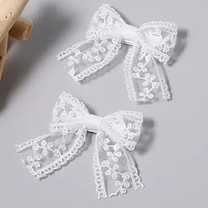 3" Small White Lace Hair Bow Clips with Long Tail Ribbon Bow Alligator Barrettes Pins Teen Toddler Baby Flower Girls Wedding Communion Pageant Birthday Party Dress Decor Accessories Gift