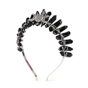 Bubbmi Black Raw Crystal Tiara Headband, Natural Quartz Moon Goddess Witch Fashion Hair Band for Wiccan Cosplay Party Headwear