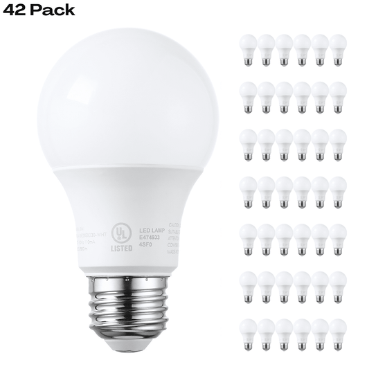 42 Pack A19 LED Light Bulbs 60W Equivalent, UL Listed, Dimmable, E26 Standard Base, Flicker Free