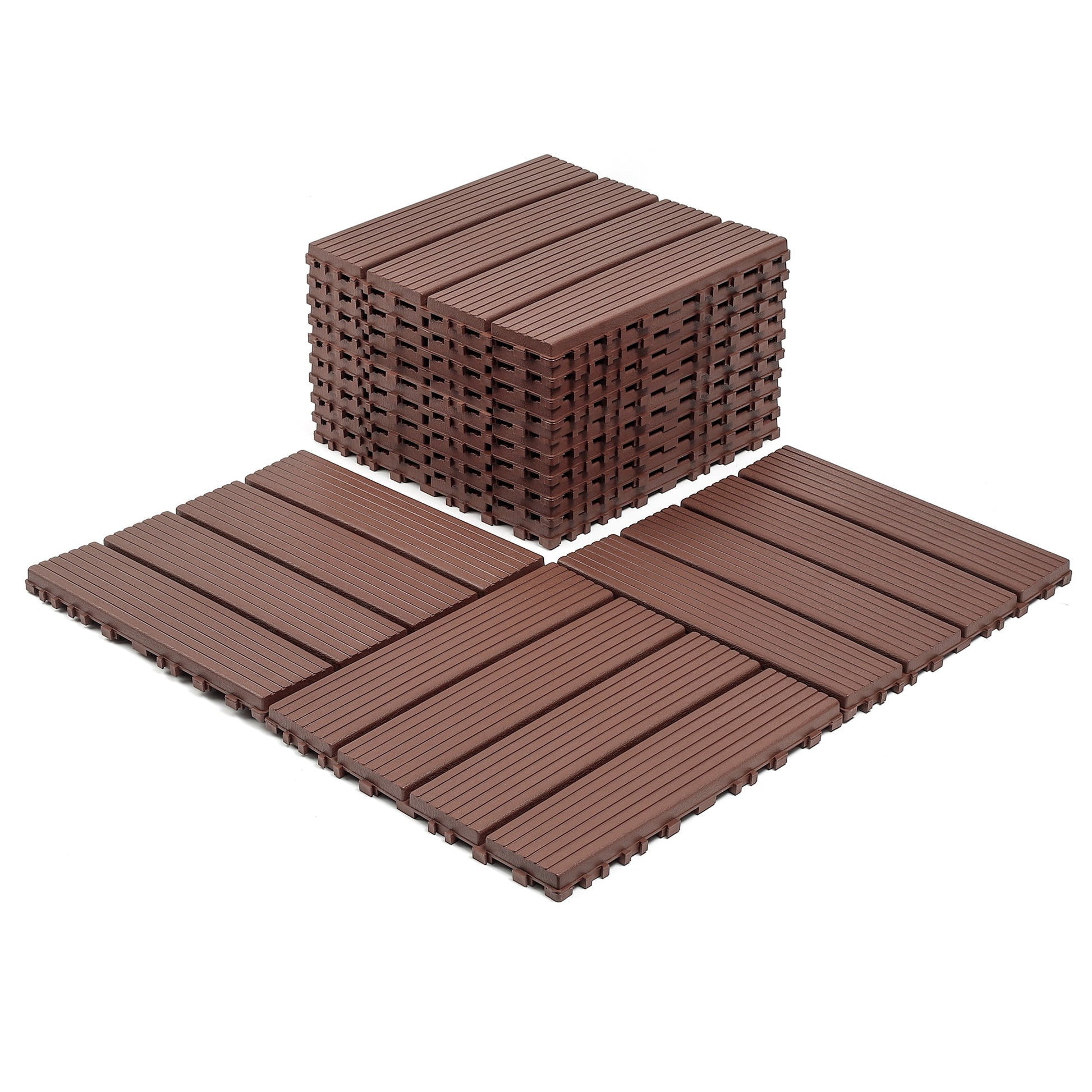 44 Pack Plastic Interlocking Deck Tiles,12"x12" Waterproof Indoor/Outdoor Floor Tiles,All-Weather Patio Floor Decking Tiles for Garden,Lawn,Porch,Poolside,Balcony,Striped 01,Brown