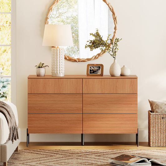 47.2" Modern 6 Drawer Dresser TV Stand For 55 Inch TV, Entertainment Center With Minimalist Reeded Design, Wood TV Console With Storage For Living Room