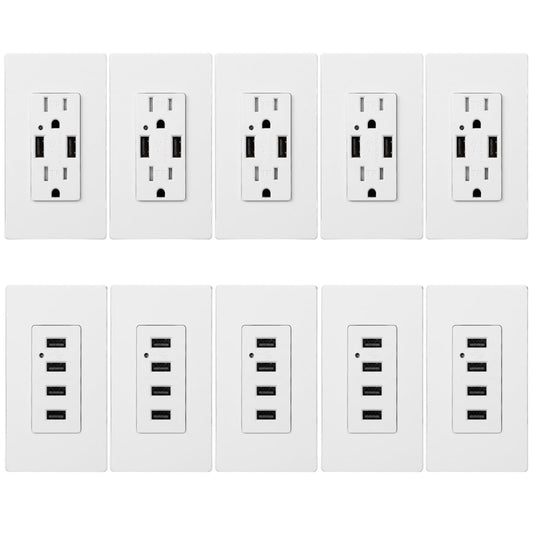 5 Pack 2 USB and 2 AC Outlets Charging Wall Outlets + 5 Pack 4 USB Charging Wall Outlets, Wall Plate Included, UL Listed, White